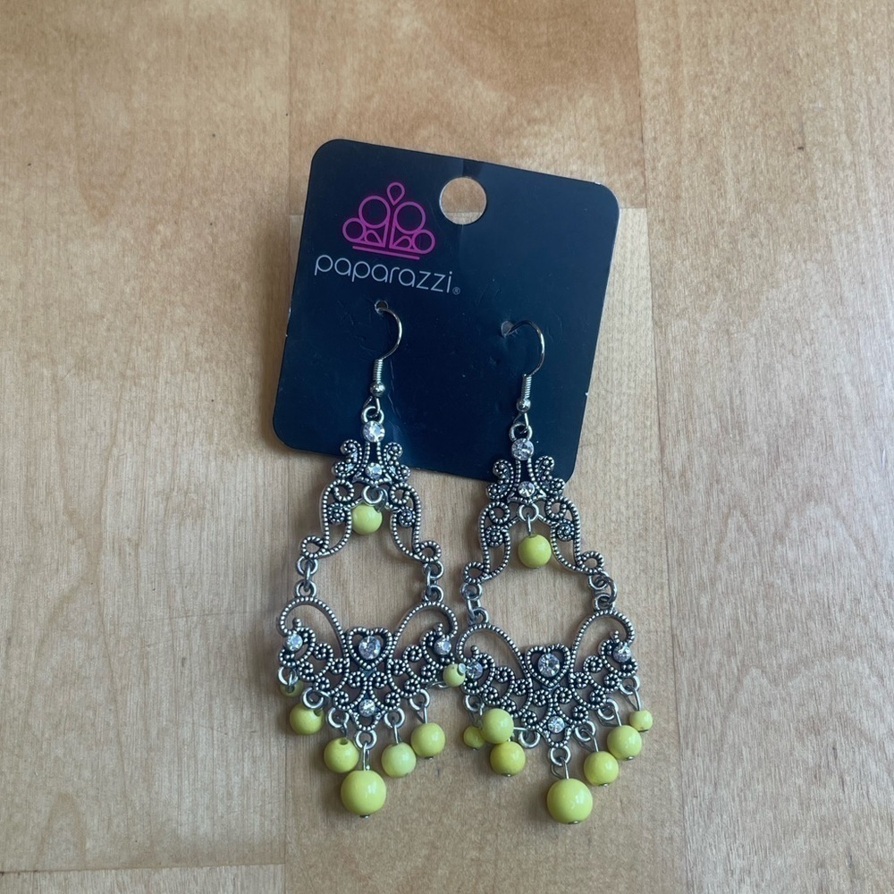 Paparazzi Colorfully Cabaret Earrings - Glittery Rhinestones - Yellow Beads